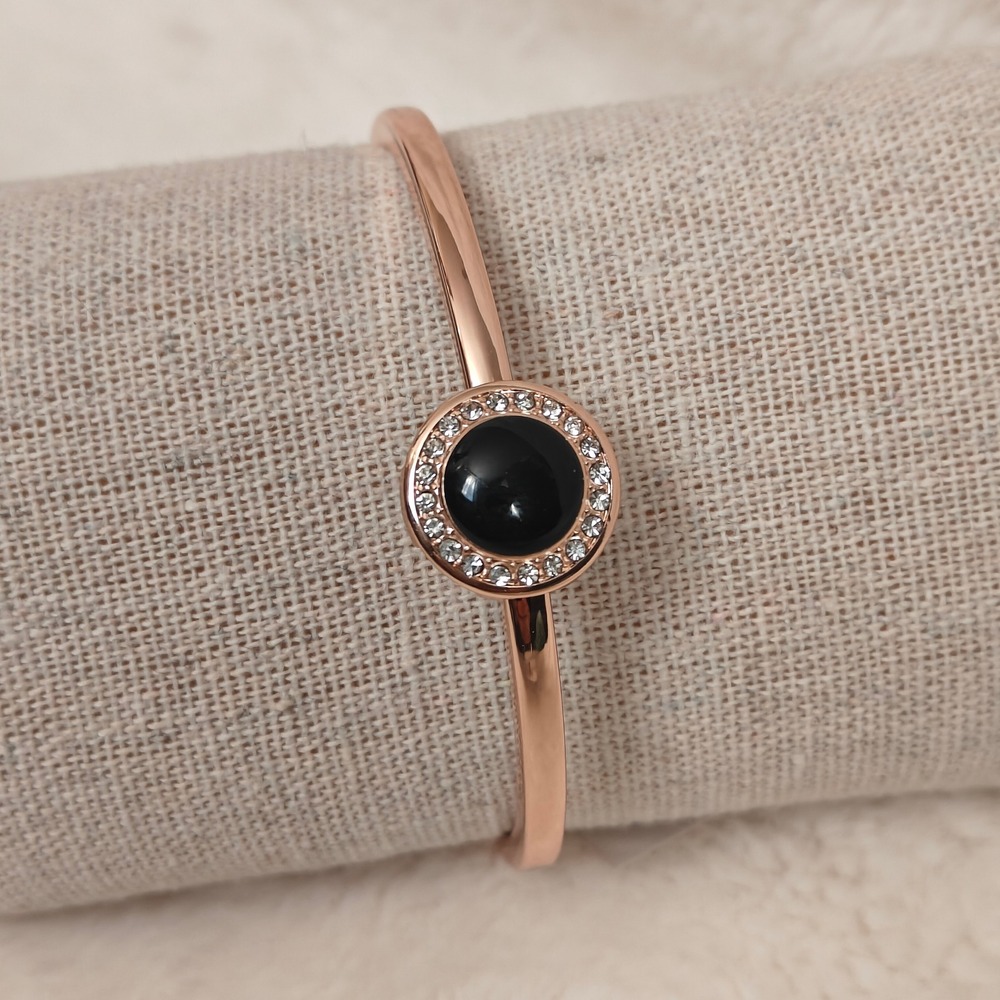 NEW‎ Anne Klein Women's Bracelet Bangle Cuff Rose Gold Tone Crystal Black Stone